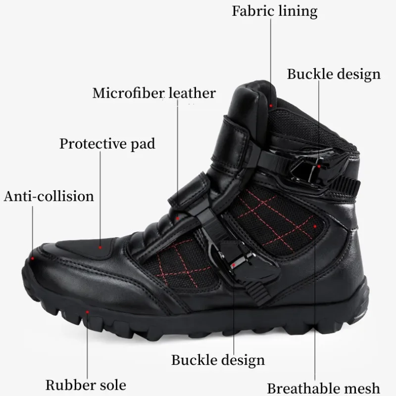 Black Leather Motorcycle Shoes Men Women Motocross Boots Summer Breathable Light Adventure Biker Boot for Urban Riding Racing