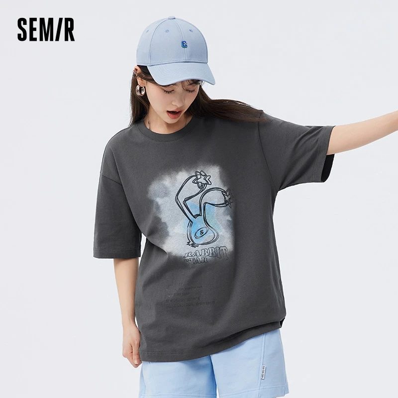 Semir Short-Sleeved T-Shirt Women'S Medium-Length Loose Cotton 2023 New Summer Printing Clothes Tide Cool