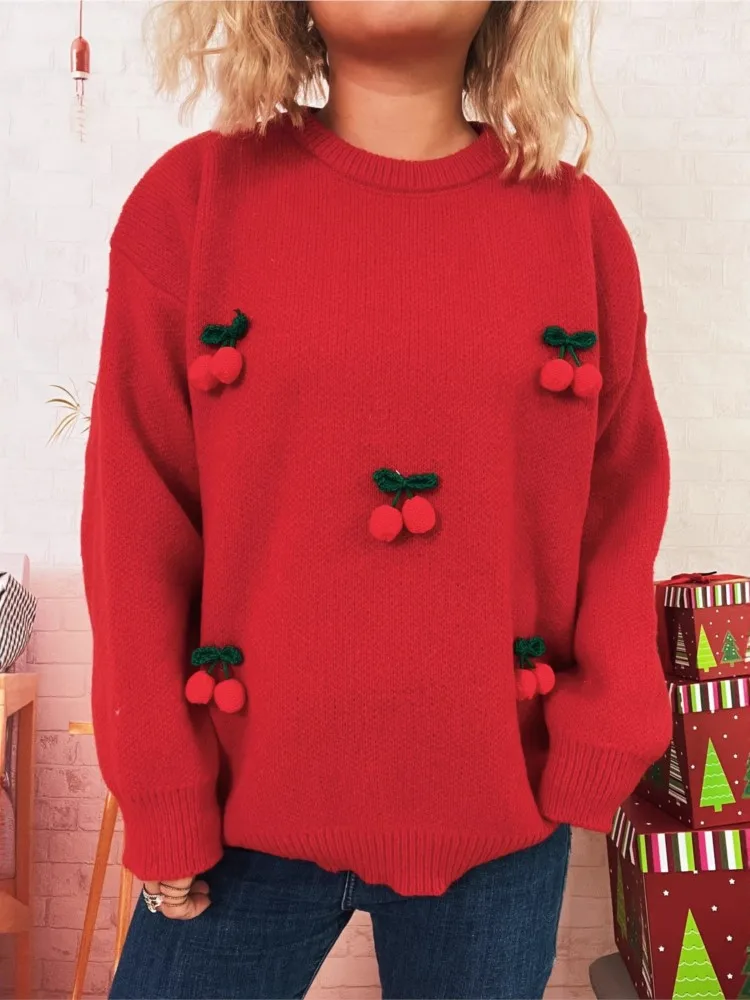 

Christmas Sweet Three-dimensional Cherry Knitwear Women's Round-neck Casual Loose Chic Sweater Autumn Winter Long-sleeved Tops