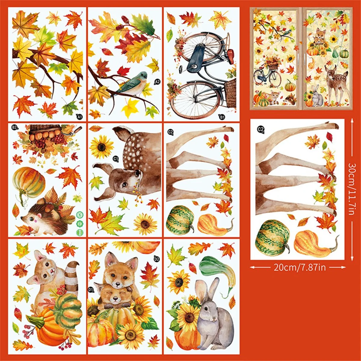 Fall Window Cling Sticker, Thanksgiving Autumn Harvest Animal Pumpkin Leaves for Party Supplies Window Glass Decoration image 2