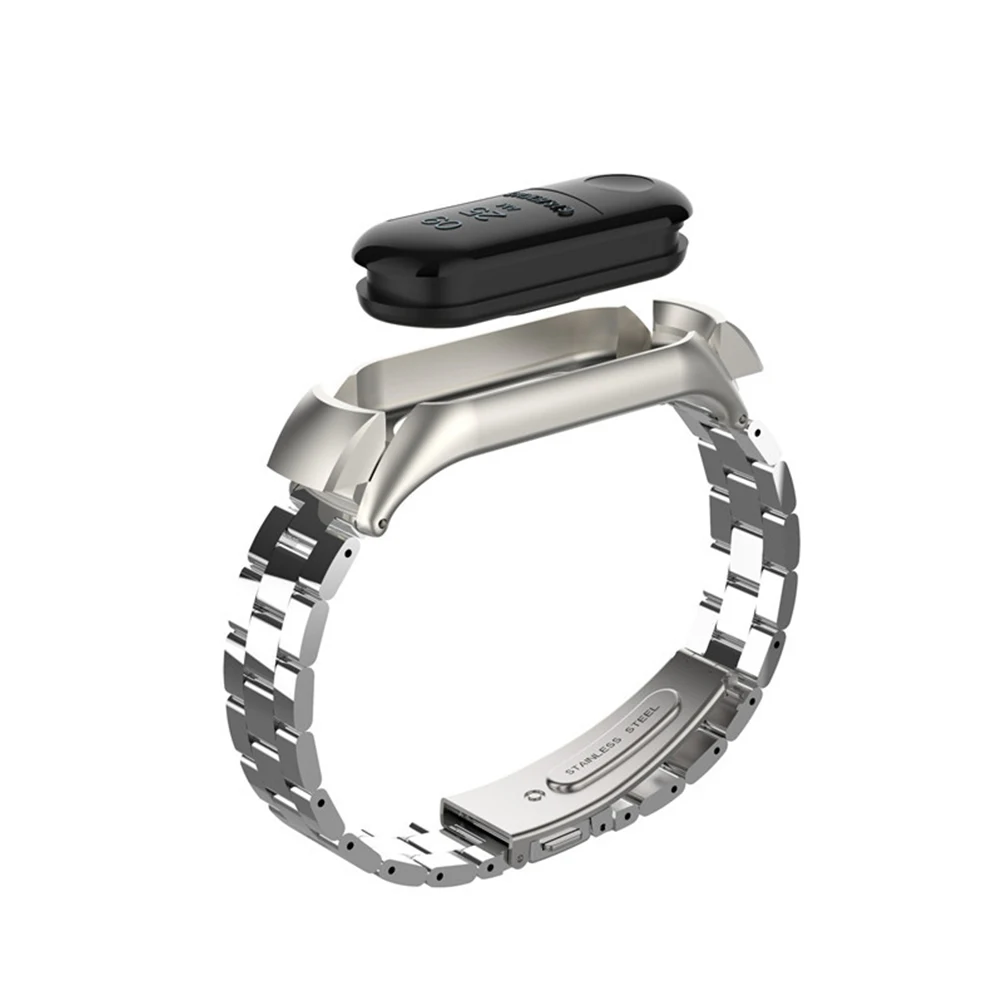 

Stainless Steel Watch Strap Three Beads Pattern Black Fitness Sports Tracking Device Comfortable Replacement B