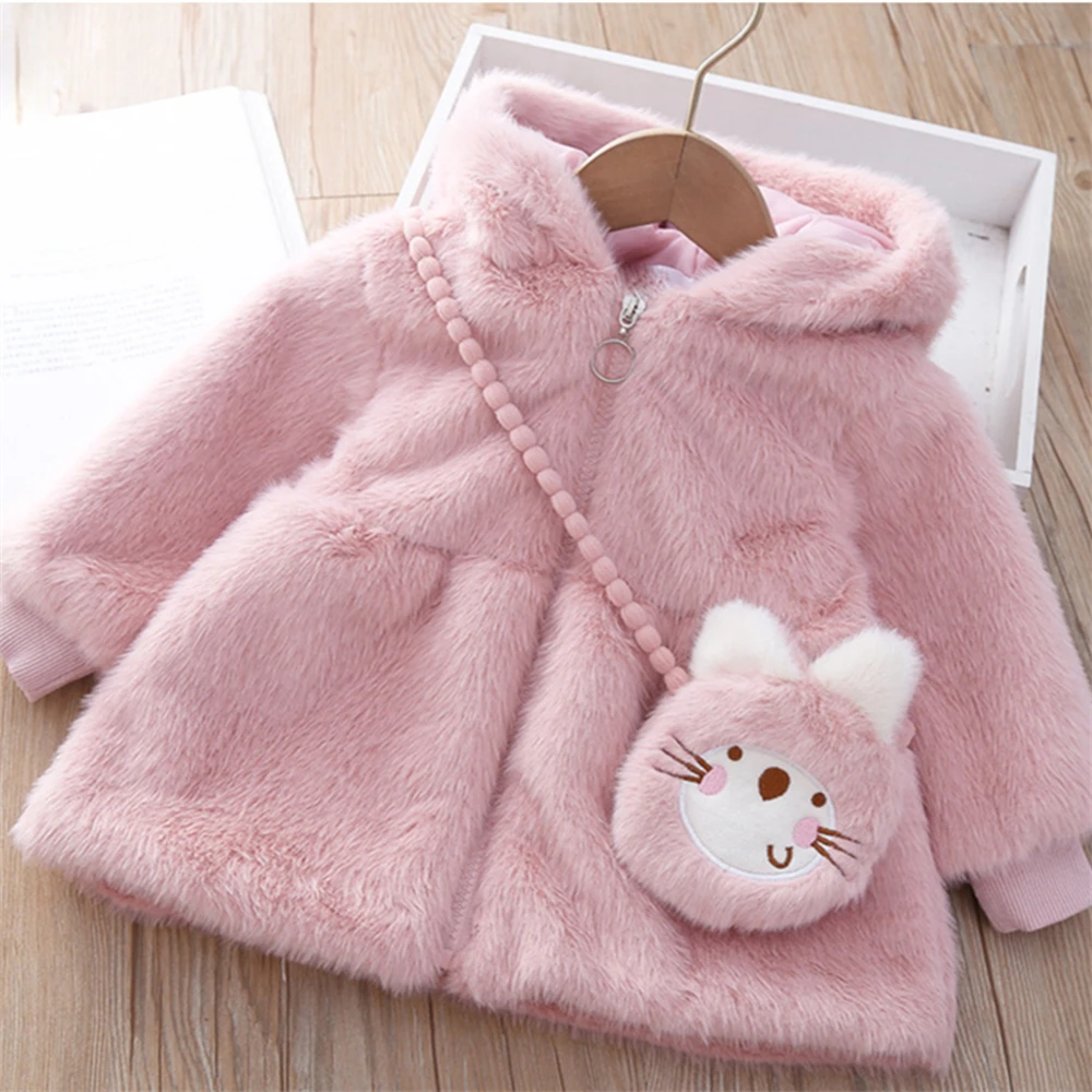 Baby Girl Winter Children\'S Clothing Wool Sweater Jacket Girls\' Solid Color Warm And Cute Daily Jacket+Cartoon Bag 2 Ps