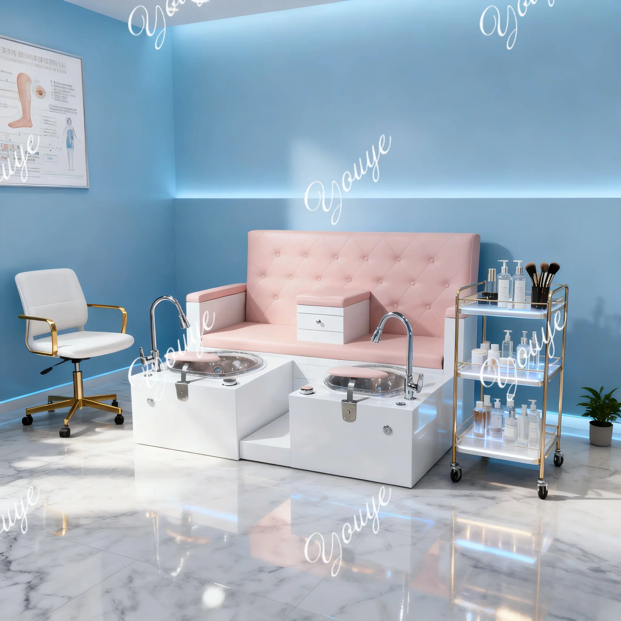 C Customized Double Pink Pedicure Chair With Two Basins And Shower For Couples With Storage Compartment In The Middle