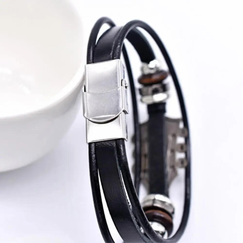 Braided Guitar Bracelet Zinc Alloy Adjustable Buckle Manual Woven Faux Leather 3-layered Retro Punk Wrist Jewelry