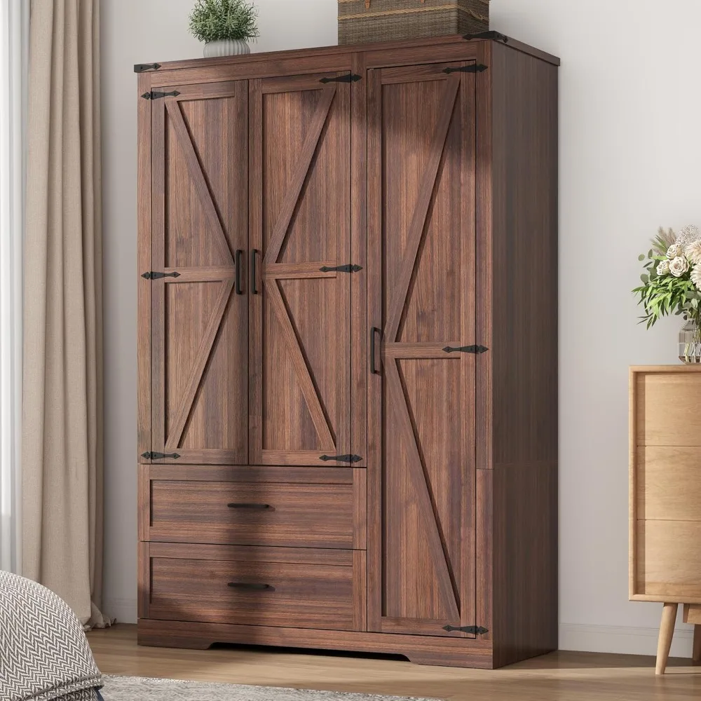 3 Doors Wardrobe Armoire Closet with Doors and Drawers, Farmhouse Wooden Armoire Storage Cabinet with Shelves & Hanging Rod