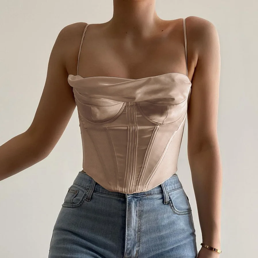 Autumn women's sexy pile collar satin fishbone pleated camisole top for women