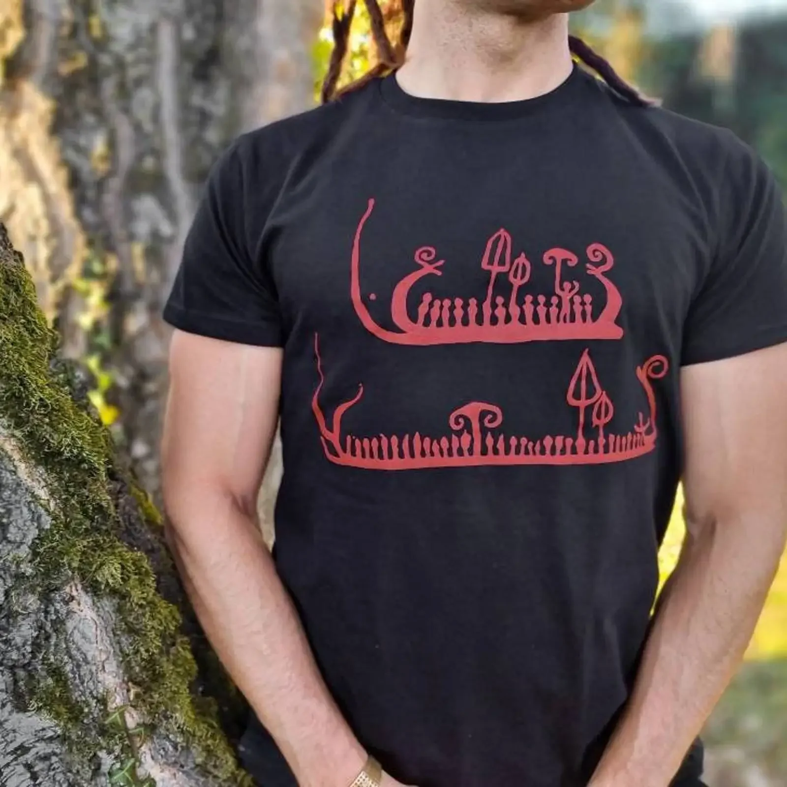 Tanum Rock Art T Shirt Organic Fair Wear Certified Cotton Bronze Age vintage Washed Top For Everyday Wear Comfortable