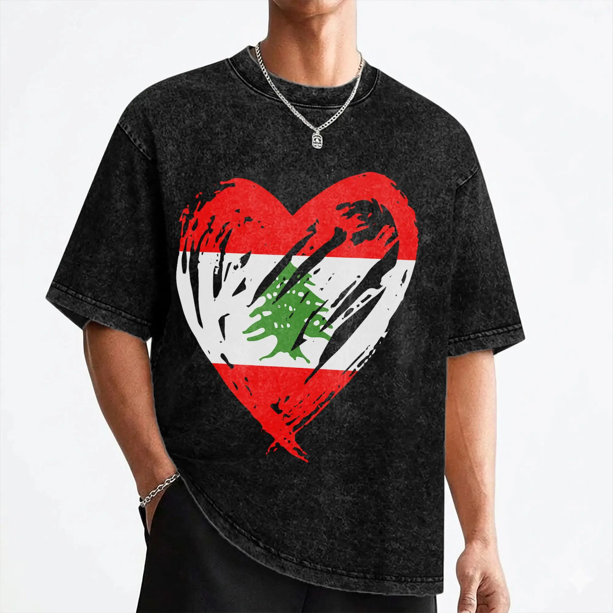 Lebanon Flag Heart T Shirts Washed Short Sleeve Harajuku T-Shirts  Fashion for Men Women Streetwear Printed Tee Shirt
