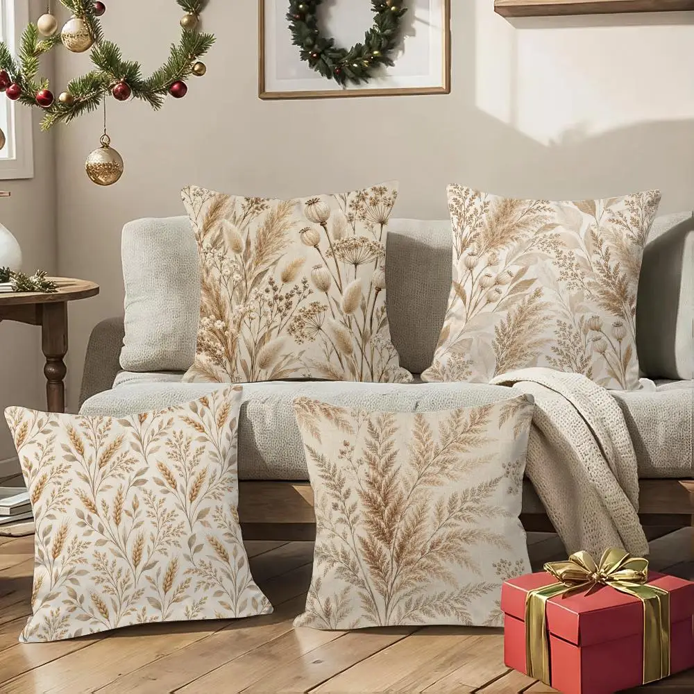 Elegant Beige Botanicals Cushion Cover Square Decorative Sofa Pillow Case Bedroom Living Room Home Decor Gift