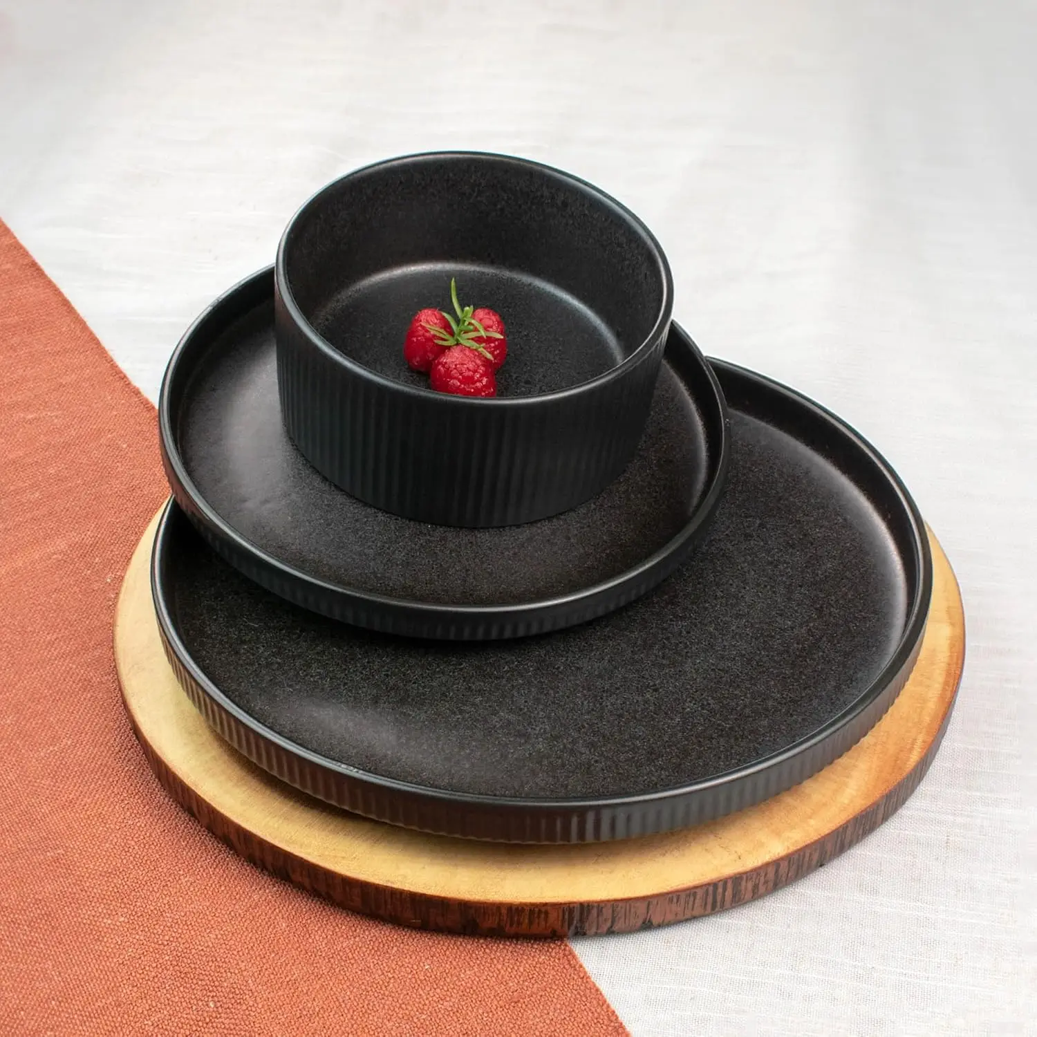 Anderson Black 12-Piece Stoneware Dinnerware Set – Service for 4, Modern Design with Textured Ridges, Exquisite Reactive Glaze,