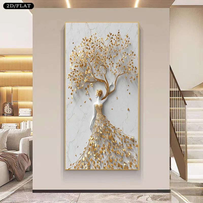 

2D Flat Large Canvas Printing Golden Tree Woman Marble Background Home Decor Art Print Living Room Bedroom Fashion Poster Decor