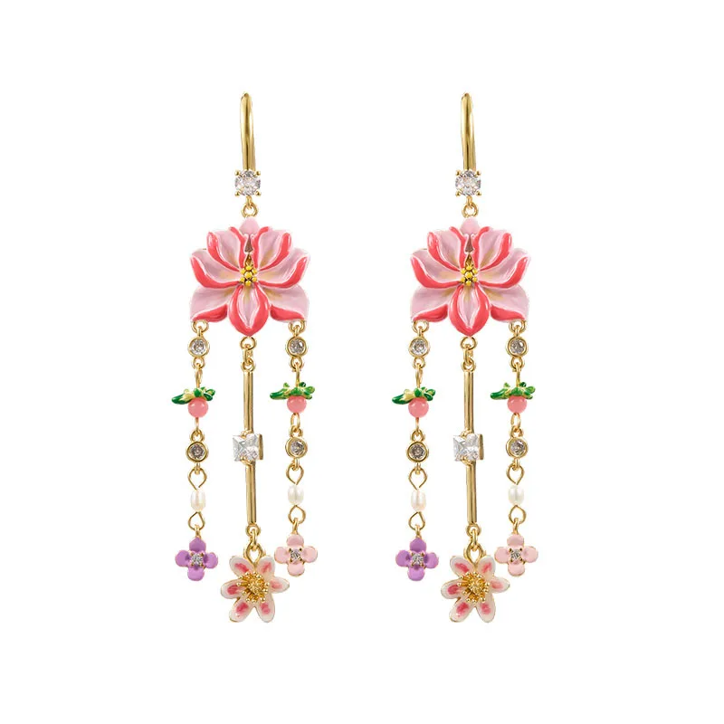 

Fashion Hand-painted Gradient Pink Lotus Flower Enamel Tassel Ear Hooks Long Tassels High-end Face-shaping Ears for Women