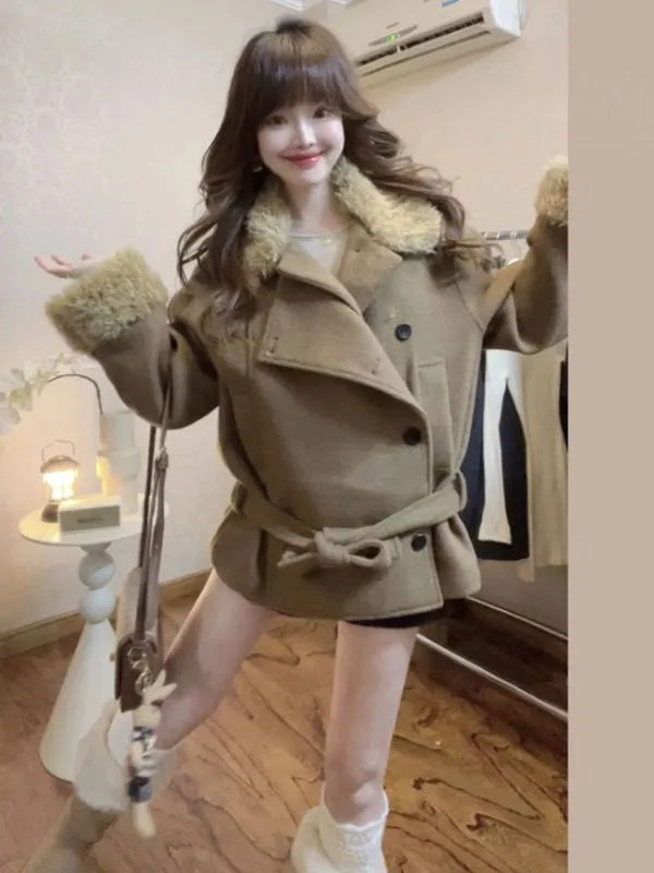 

Korean Style Fashionable Thickened Woolen Coat with Fur Collar Elegant Cotton Jacket Stylish Autumn Winter Women's Outerwear