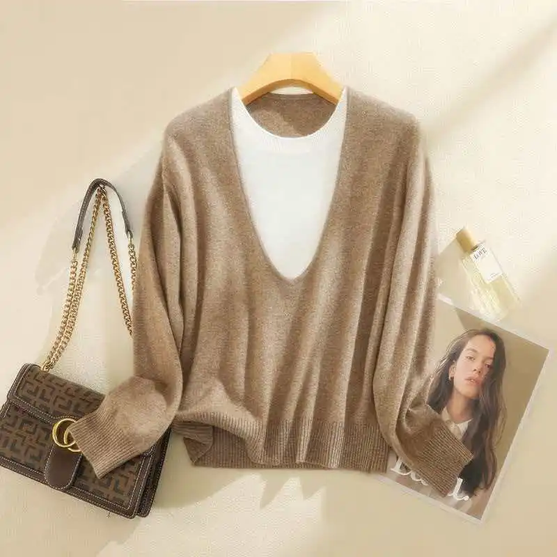 Women's 100% Pure Cashmere Sweater Round Neck Pullover Casual Large Size Fashion Korean Color Block Sweater Winter Warm Tops