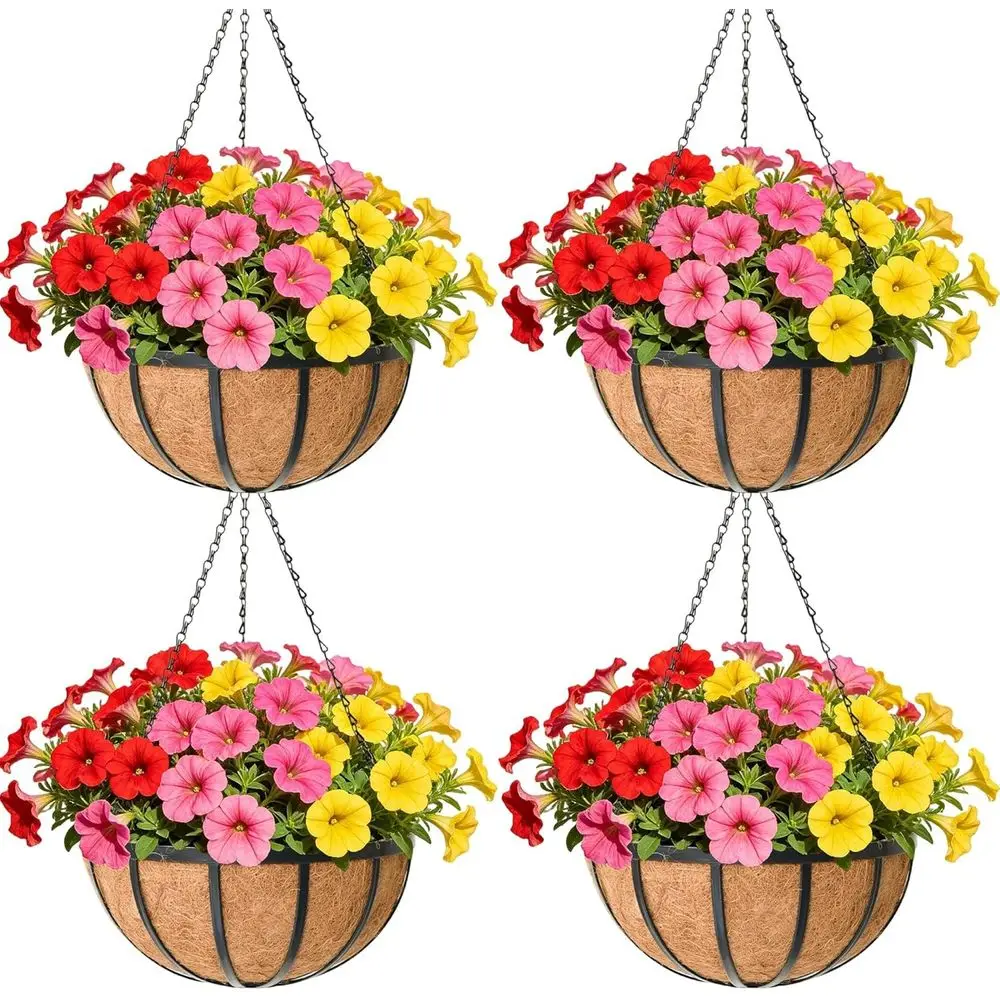 

16 Inch Black Metal Hanging Planter Baskets with Coir Liner, Set of 4 for Outdoor Garden, Balcony, and Patio Decor