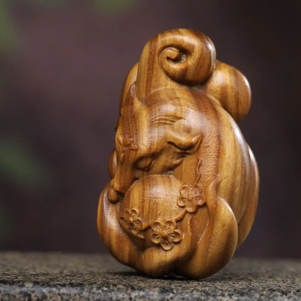 Hand Carved Wood Little fox nine-tailed fox Statue Figurine Desktop Ornaments Home Decoration