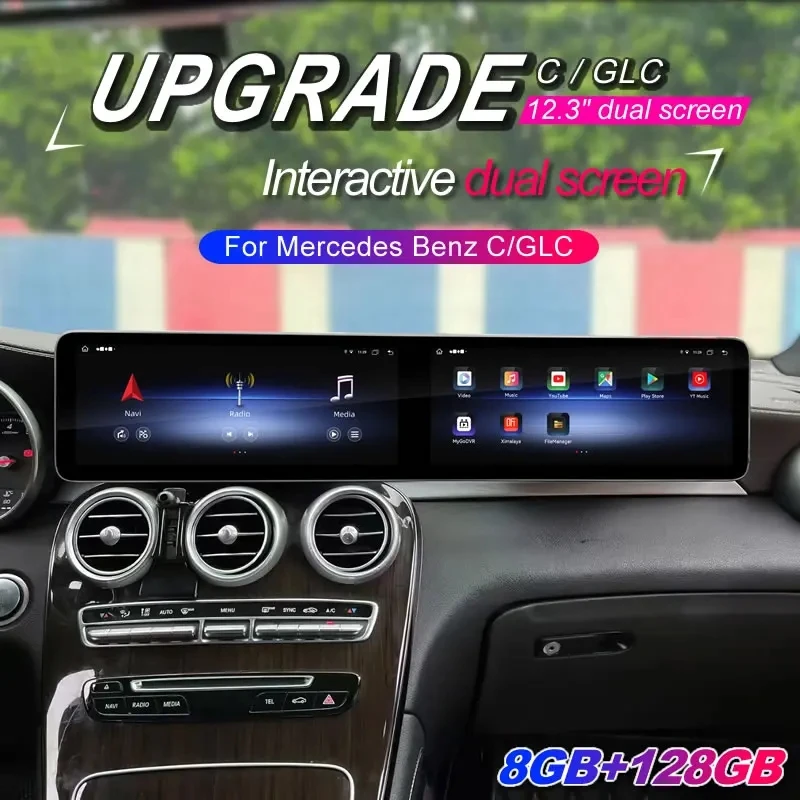 12.3+12.3 Dual Screen 128G Android Carplay For Mercedes Benz C GLC NTG 5.0 5.5 6.0 2016-2022 GPS Car Multimedia Video Player