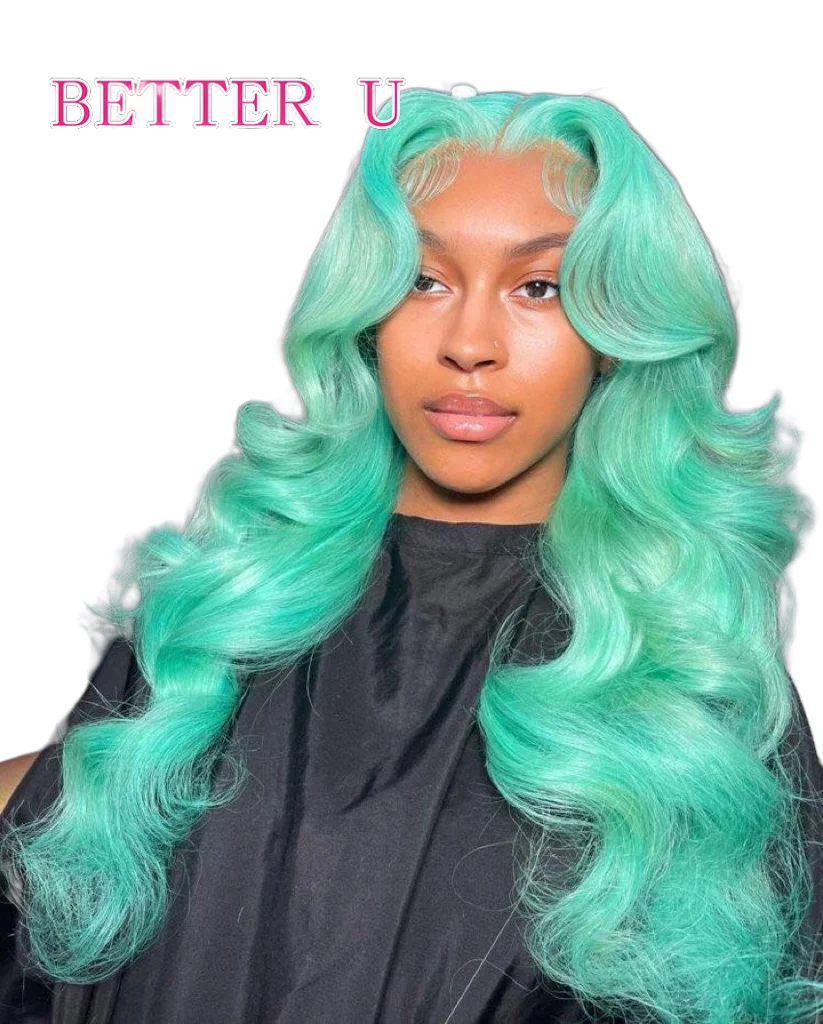 

Glueless Mint Green Body Wave Human Hair Wig Ready To Wear 5x5 Lace Closure Wig 250% Density Raw Lace Front Wig Without Glue