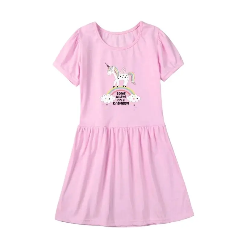 3-14y Baby Girls Rainbow Unicorn Dress Kids Short sleeve Casual Clothes Cotton Birthday Party Dress 2024 Summer New