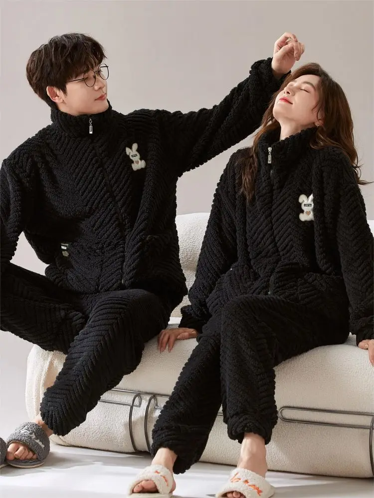 Couple Look Winter Sleeping Pajamas Fleece Sets for Women 2 Pieces Room Wear Underwear Men Sleepwear The Nightgown Pyjama