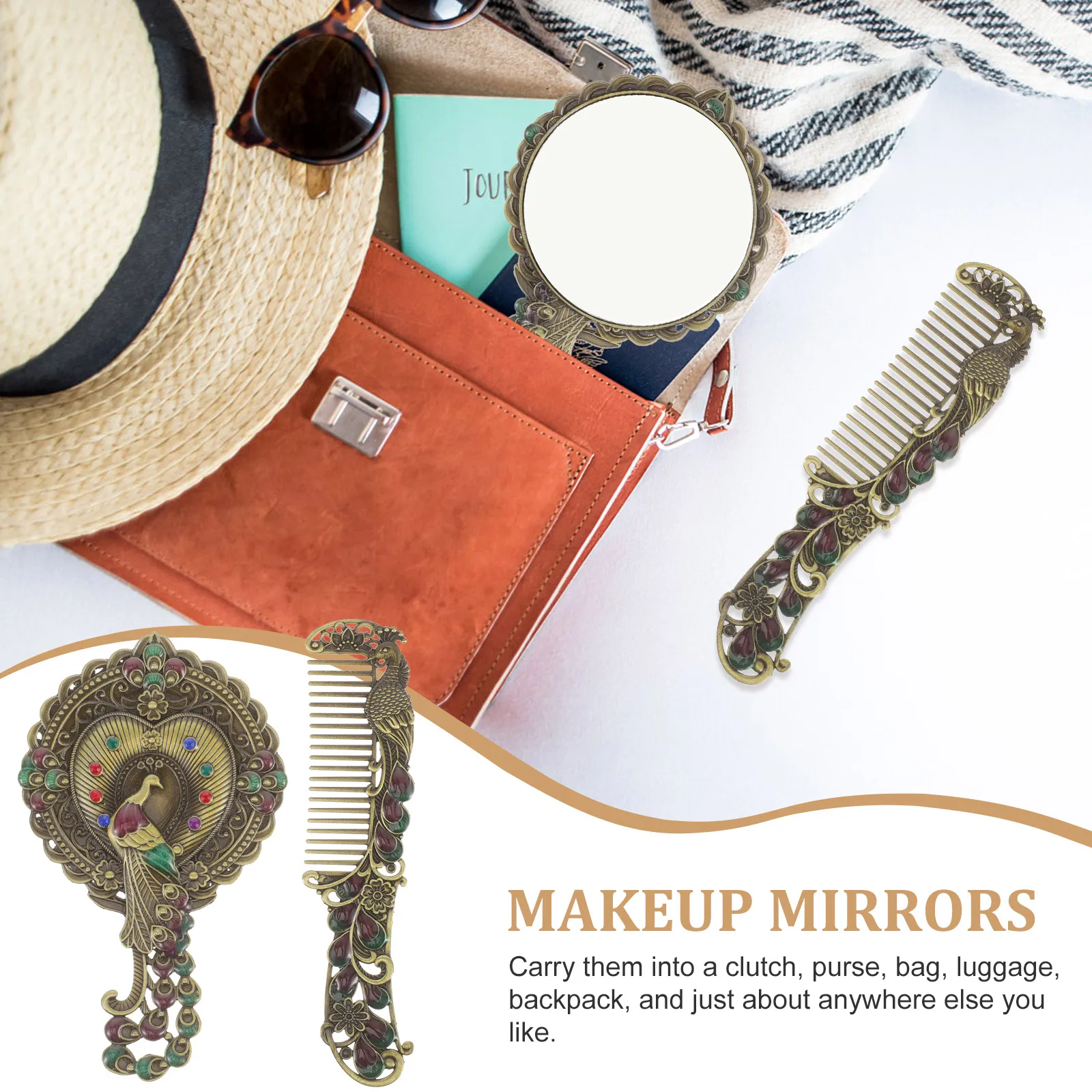 

Handheld Metal Mirror Small Travel Lightweight Portable Vintage Hand Mirror Compact Comb Set Retro Bathrooms