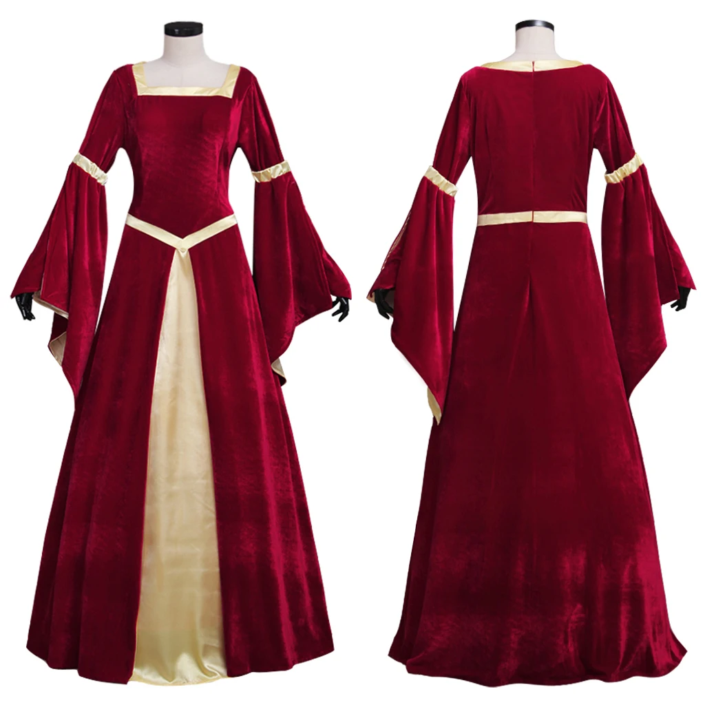 

Custom Made Medieval Velet Dark Red Yellow Lined Trampet Sleeves Dress Adult Women Wedding Dress Fancy Halloween Party Dress