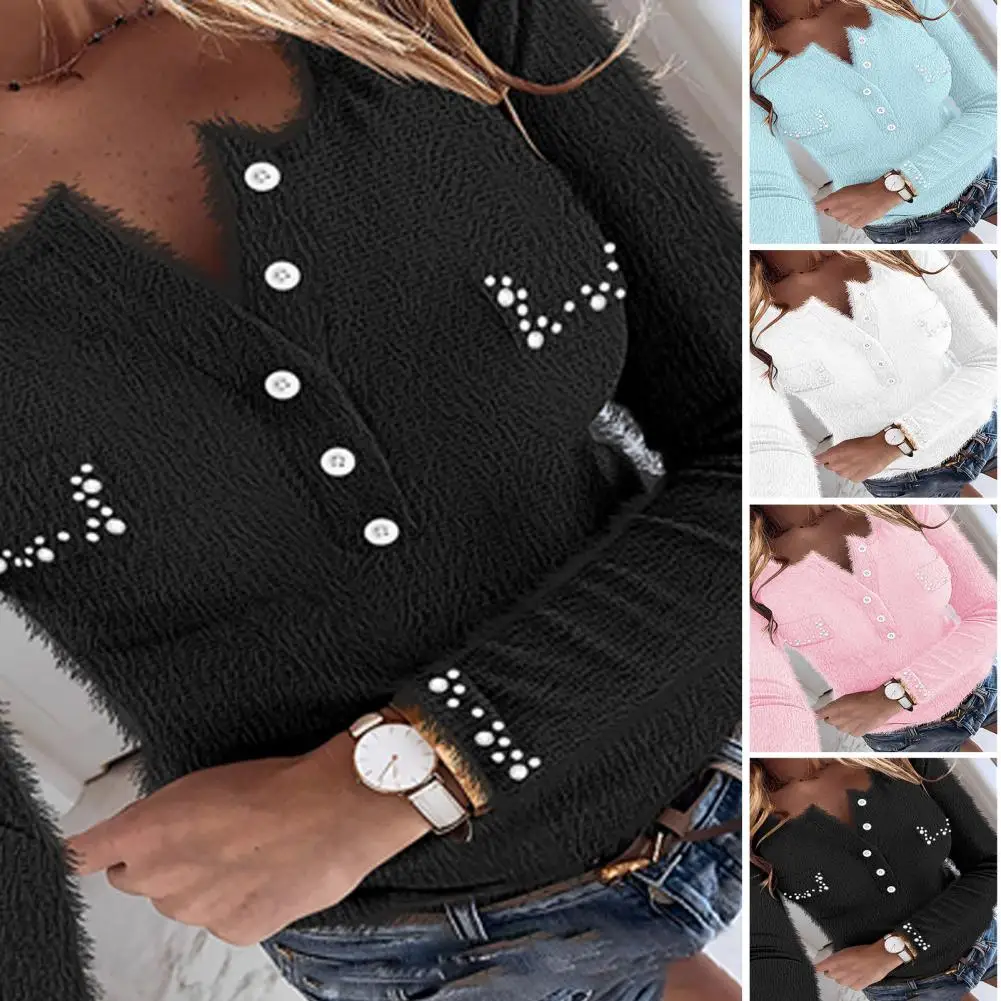 

Stretchy Women Top Slim Fit Stretchy Blouse Beaded Long Sleeve Tops for Women Solid Color Skinny Fuzzy Tee Top with Buttoned