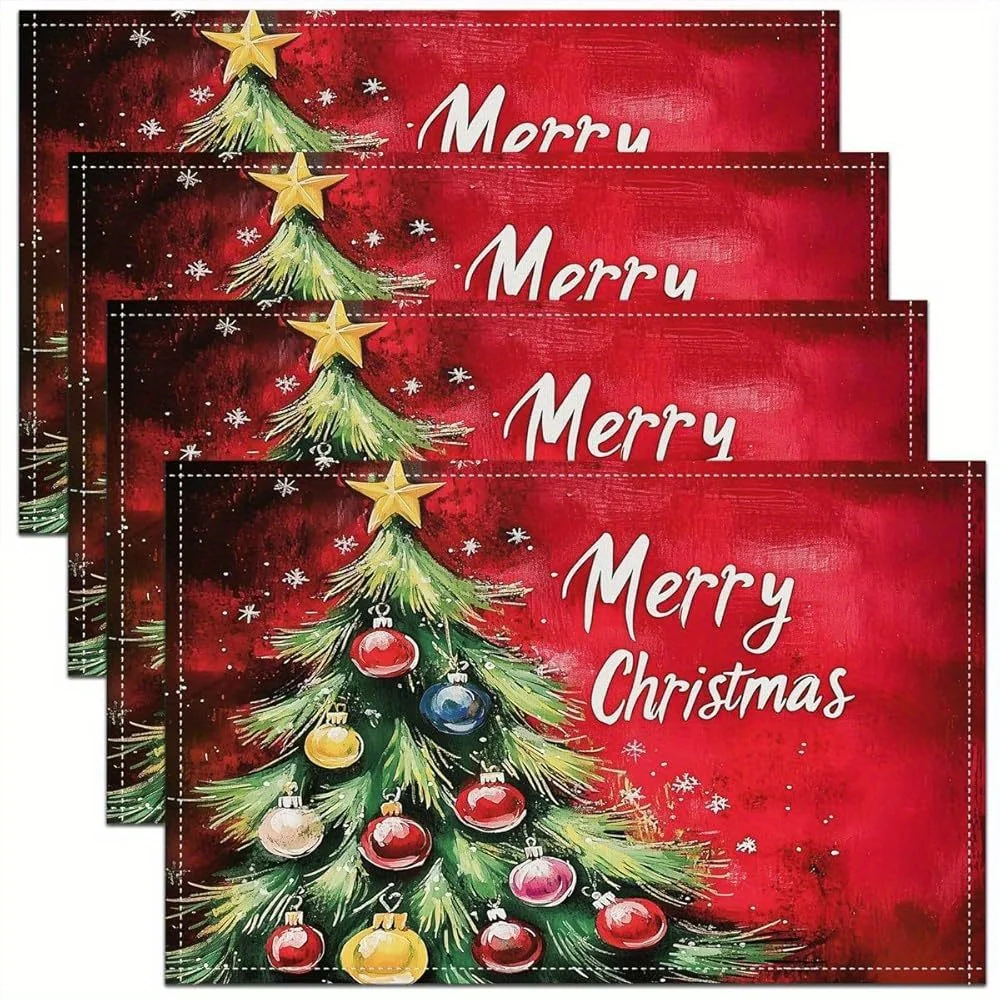 4pcs, linen placemats, 12x18 in single sided print Luxury Christmas Tree Place Mats for s Adults Colorful New Year Bell Washable