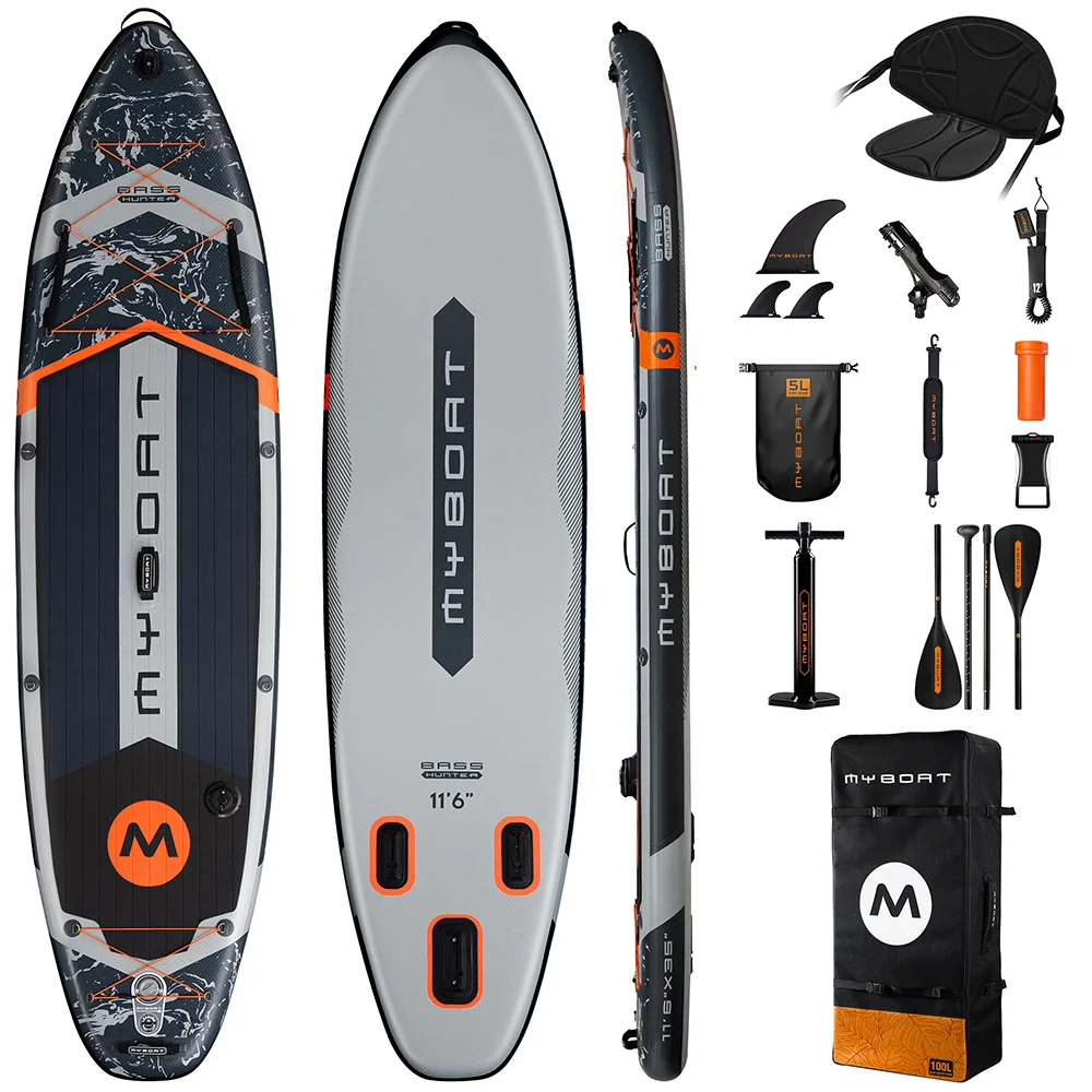 Myboat Graues Wasserdichtes Aufblasbares Paddleboard 11'6''x35''x6'' für Erwachsene, Steh-Stil, zum Angeln mit Kajak-Zubehör SUP