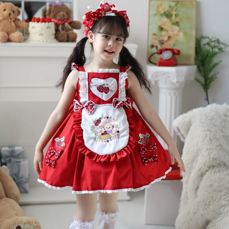 

Ins Handmade New Girls Princess Dress Pastoral Strawberry Bear Embroidered Fluffy Dress Girls Boutique Party Dress
