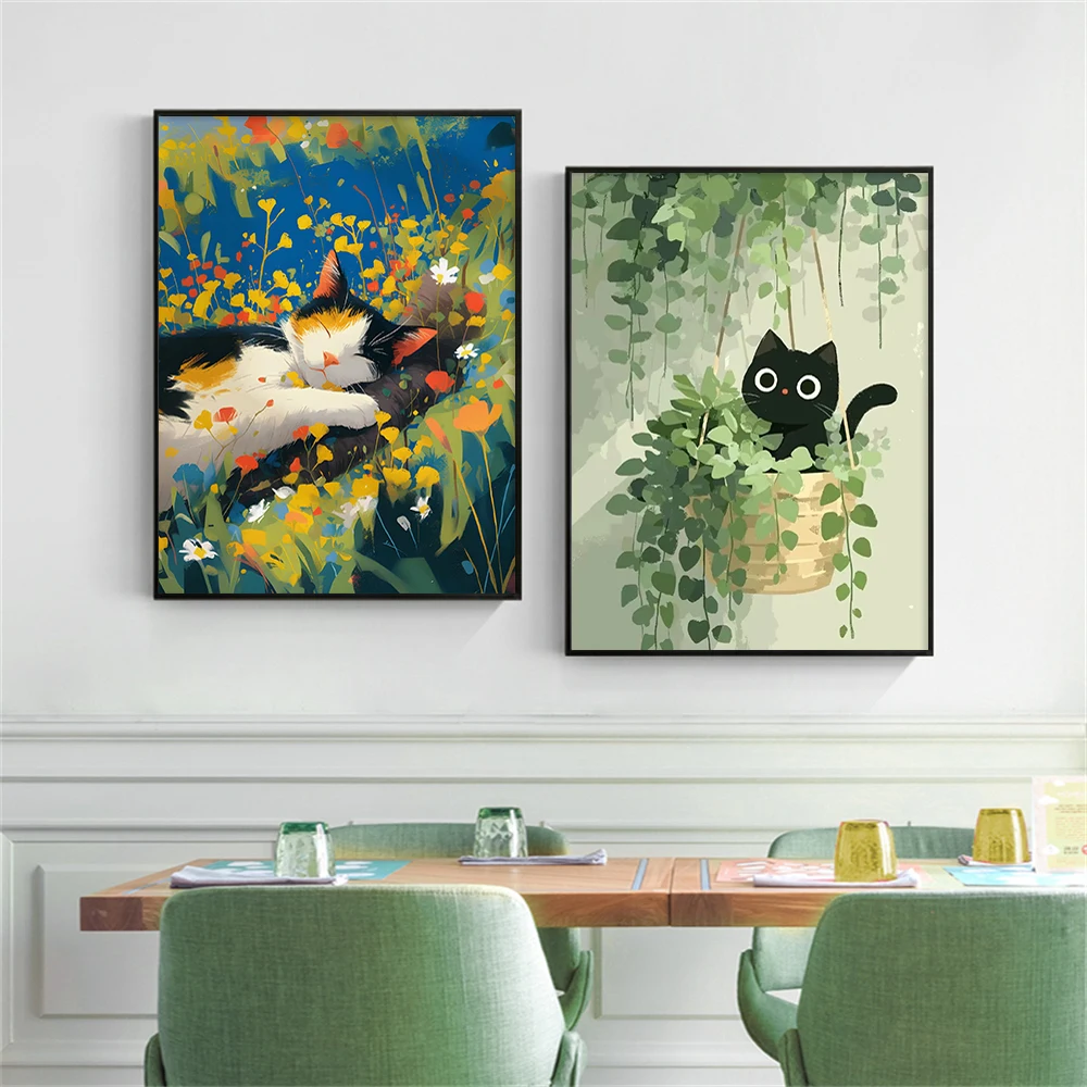 Aesthetic Cat Wall Art Canvas Poster Cute Kitten with Flowers Plants Cartoon Animal Print Home