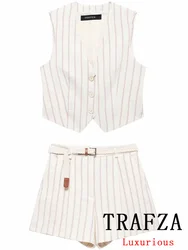 TRAFZA Vintage Suit Women Striped V Neck Button Sleeveless Blazer Zipper Straight Mini Skirts Fashion 2024 Autumn Office Sets