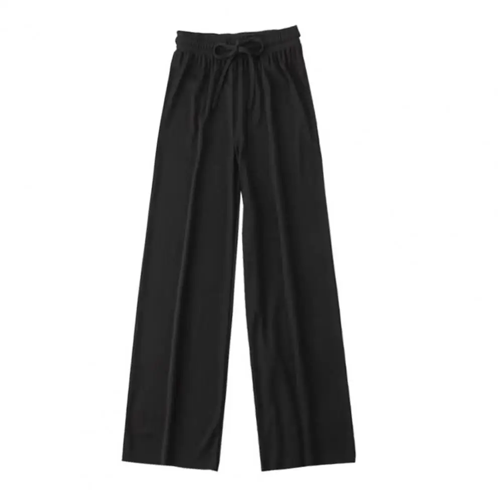 Calça feminina casual de seda gelada, cintura elástica com cordão, monocromática, reta, perna larga, streetwear, verão