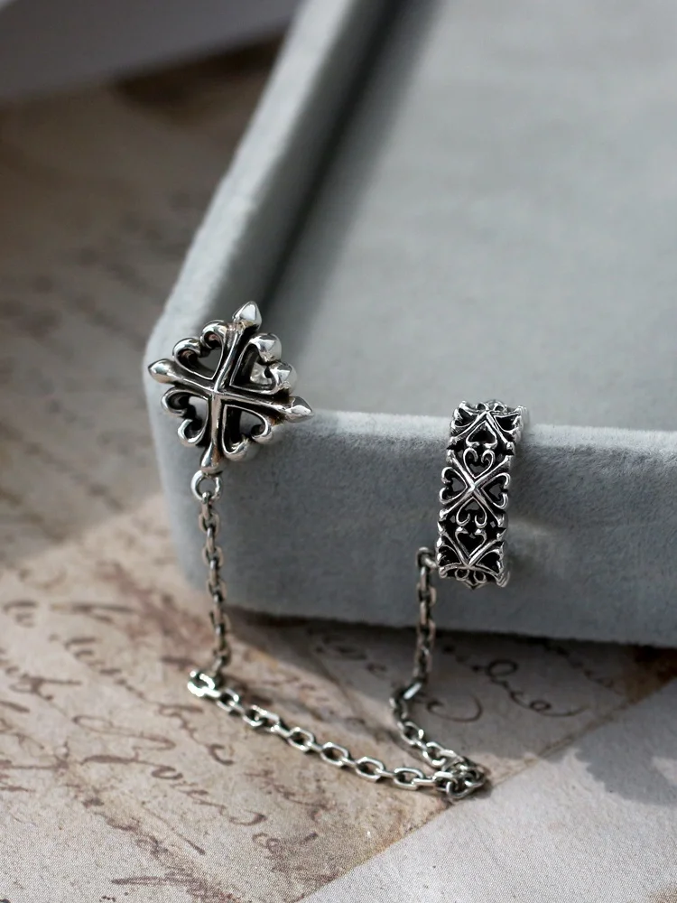 

Creative Alternative Punk Fashion Vintage Unisex Heart Cross Earrings Pure Silver 925 Double Ear Clip Elegant Women's Jewelry