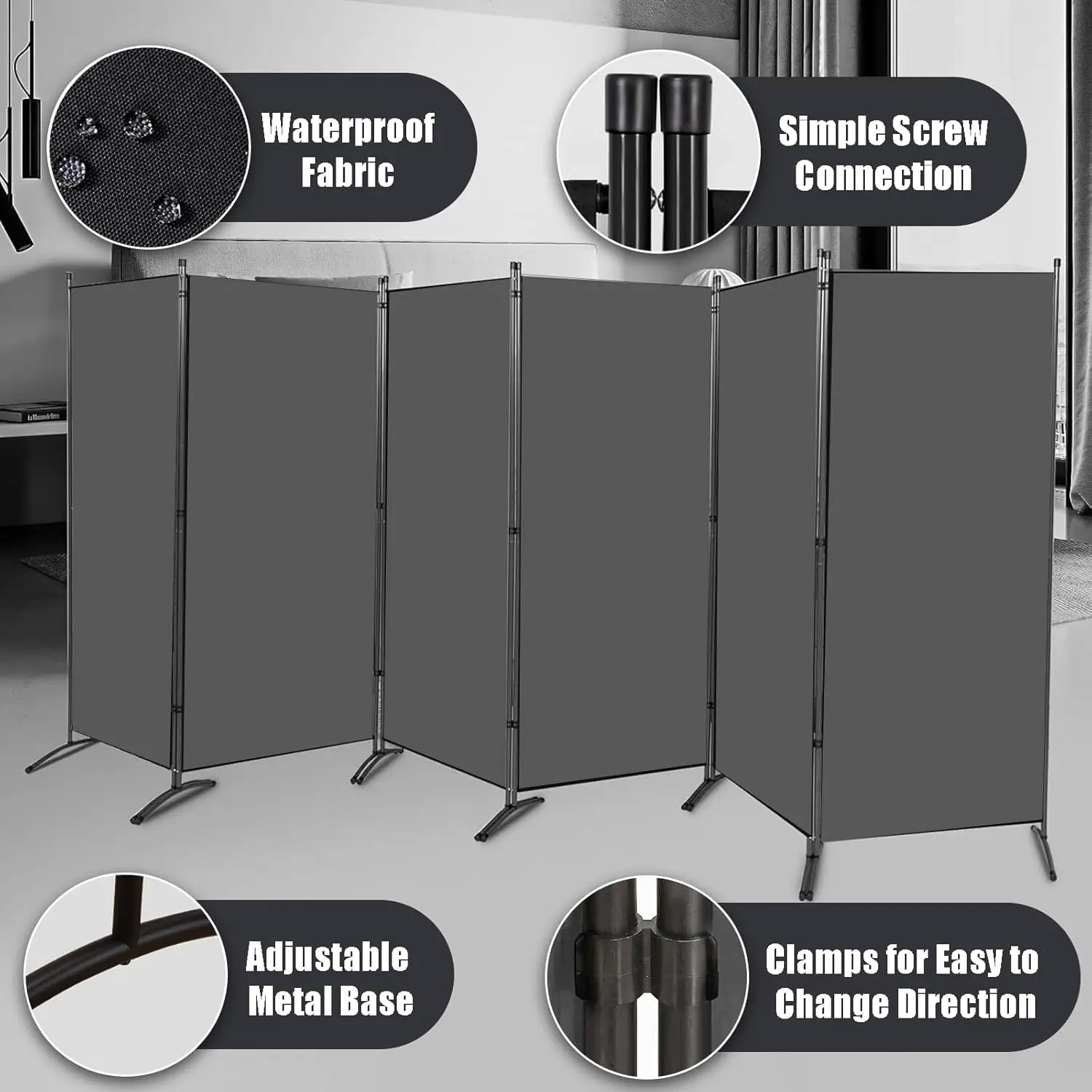 6 Panels Grey Folding Privacy Screens, 6 ft Partition Room Dividers Wall for Separation, Home, Office, Classroom, Studio