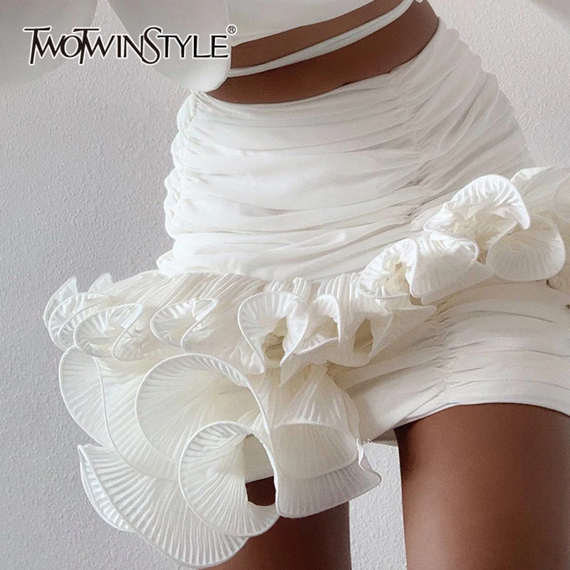 TWOTWINSTYLE Solid Patchwork Ruffles Mini Skirt For Women High Waist Spliced Folds Slimming Elegant Skirts Female Fashion New