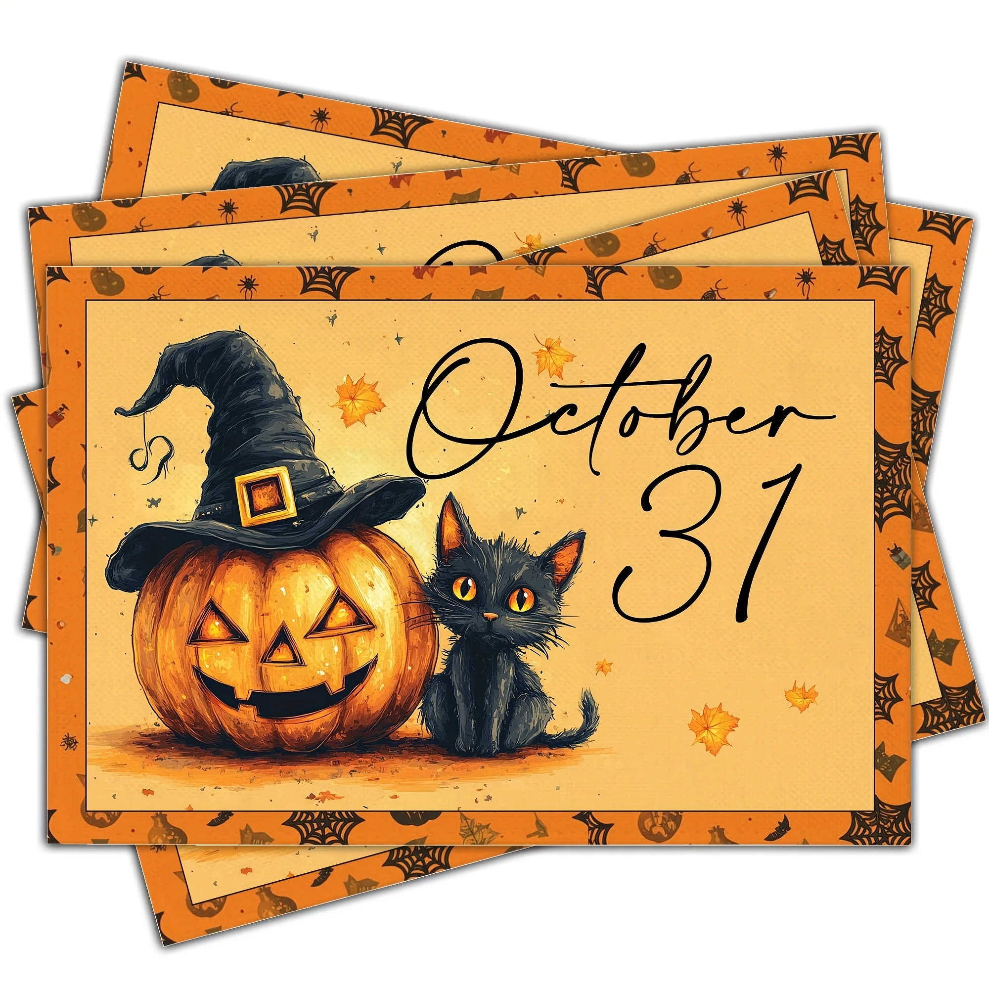 1 pc Linen Halloween Pumpkin Placemats Pumpkin And Black Cat Table Mat for Kitchen Dining Table, Spooky Decoration for Home - view 3