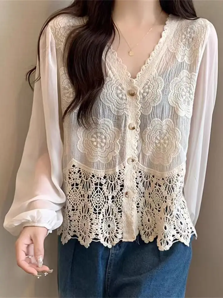 2025 Autumn New Women's V-Neck Lace Chiffon Cardigan Boho Flower Embroidery Sun Protection Beach Top