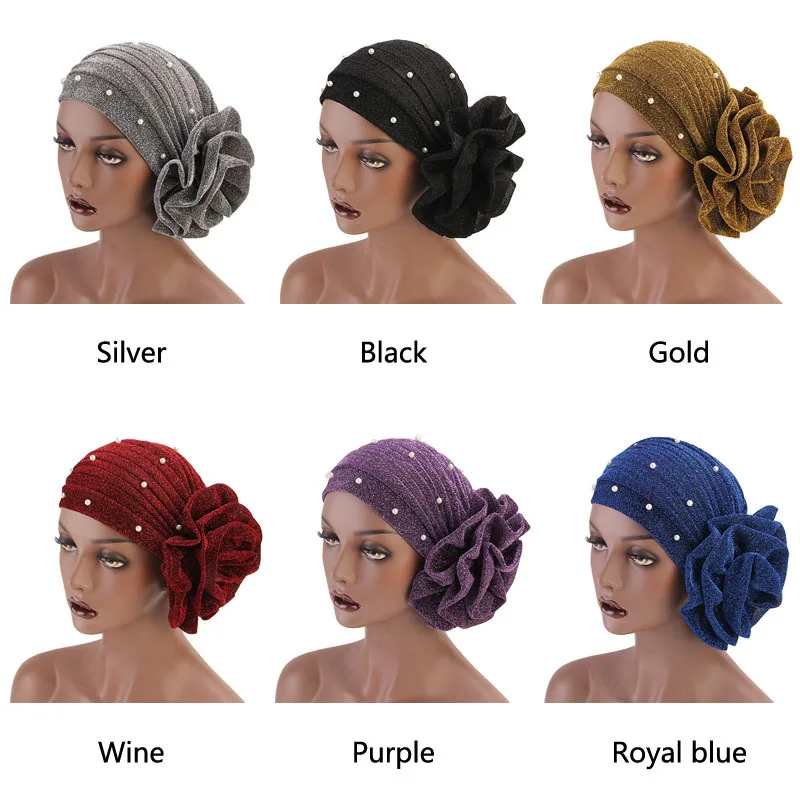 Fashion Women Hair Caps Muslim Beaded Glitter Turban India Cap Big Flower Headband Hair Lose Head Wraps Styling Accessories