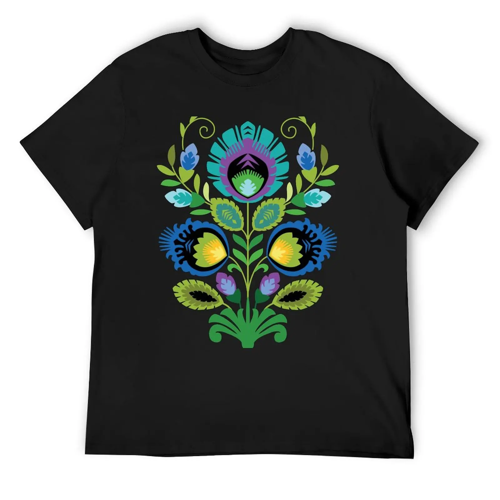 Polish Folk Flowers Teal on Black T-Shirt blacks anime figures vintage graphic tee new edition Men's clothing