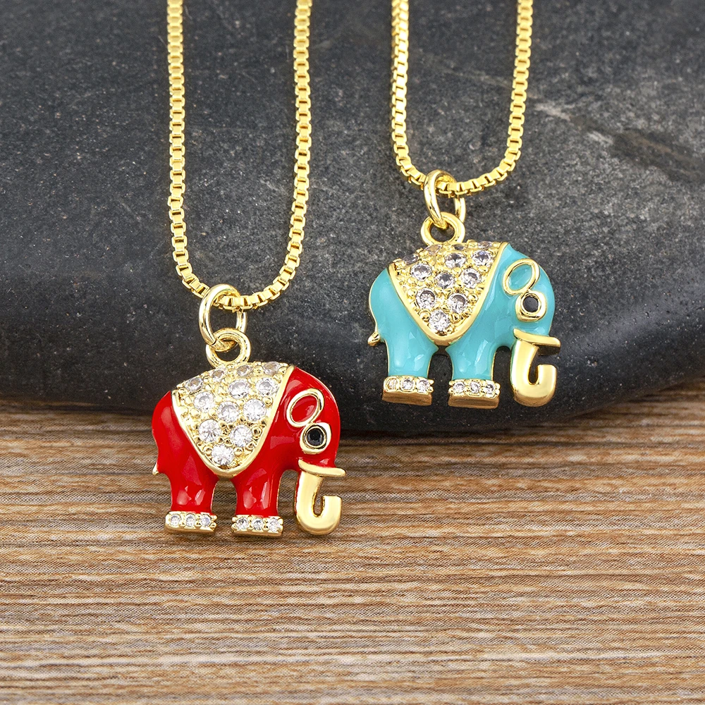 Nidin Women's Luxury Cubic Zirconia 6 Colors Elephant Pendant Necklace Gold Plated Chain Aesthetic Statement Vintage Jewelry