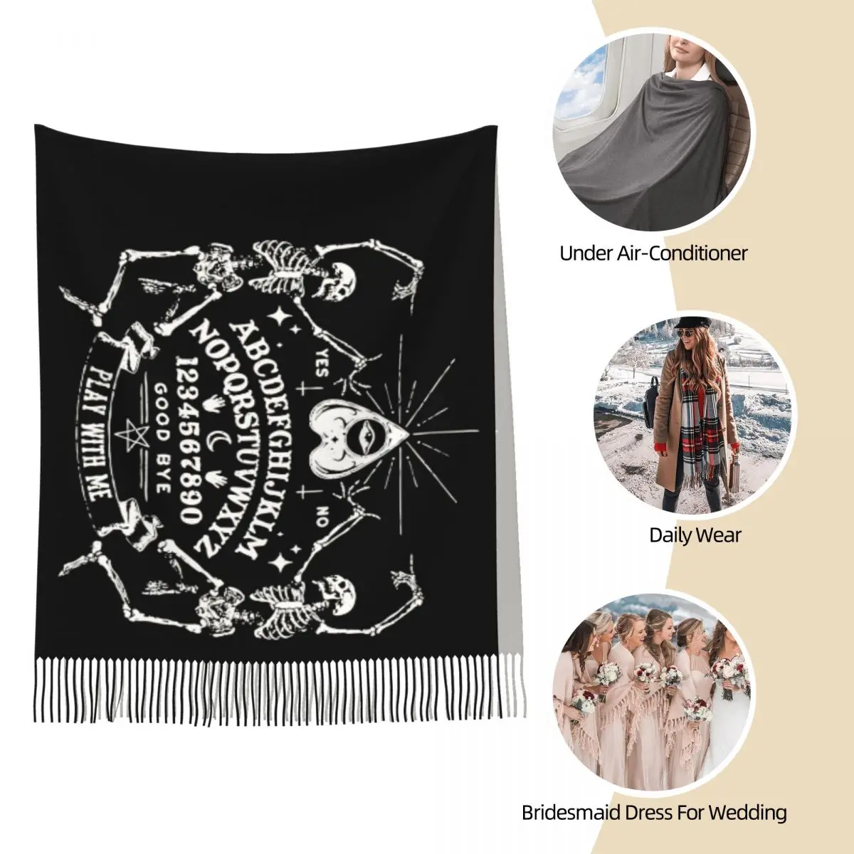 Ouija Board Witch Horror Shawls Wraps for Ladies Winter Warm Large Long Scarf Occult Ghost Death Scary Pashminas Tassel Scarves