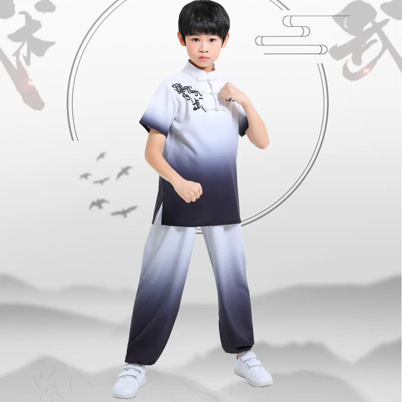 Uniforme tradicional de Tai Chi para crianças e adultos, roupas de Kung Fu Wushu, fantasia de Wing Chun para meninos, calça de manga curta vintage verão