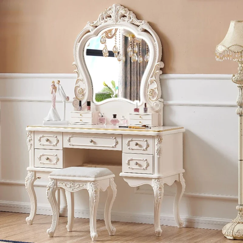 

Luxury With Miror Dressing Table White European Storage Jewelry Cheap Vanity Table Women Drawers Wood Penteadeira Furniture