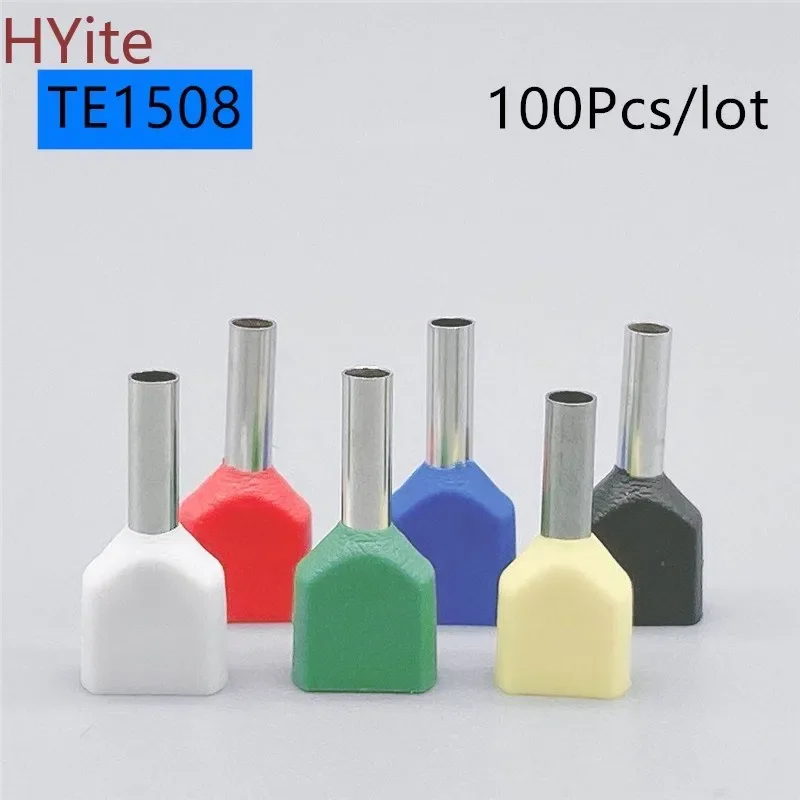 100PCS E Tube TE1508 Type Double Pipe Insulated Twin Cord Cold-press Terminal Block Connector Needle End Multicolor 2X1.5 mm2