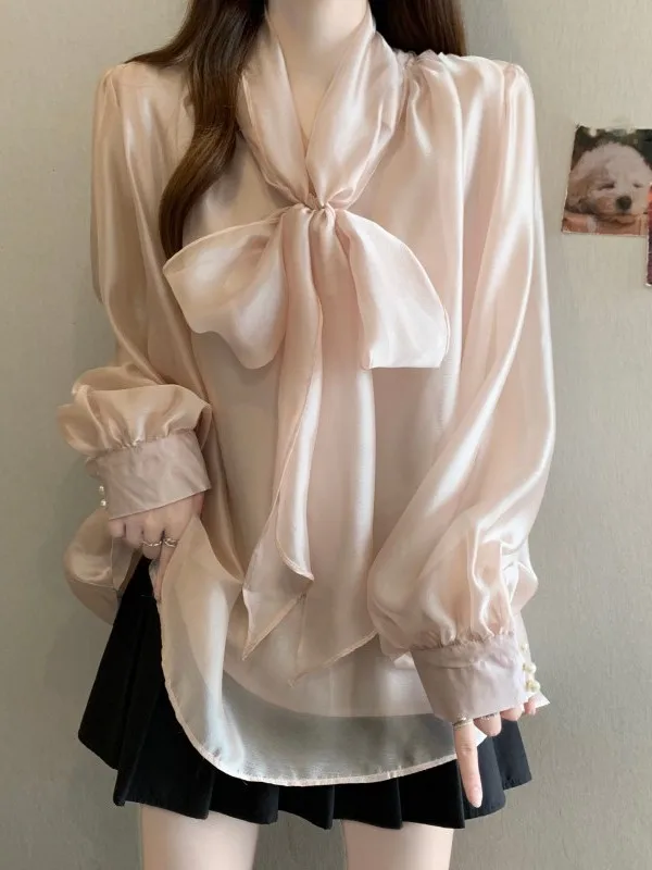 

Женская шифоновая блузка с длинным рукавом, весна 2026, с завязками на талии, больших размеров, повседневный модный топ