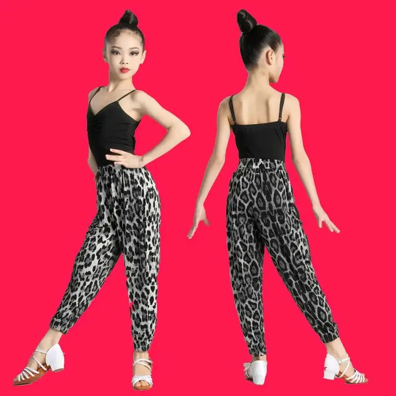 

2022 Latin Dance Dresses Ballroom Suits Vest And Leopard Print Pants Salsa Samba Costume Kids Children Girls Height 120 -170cm