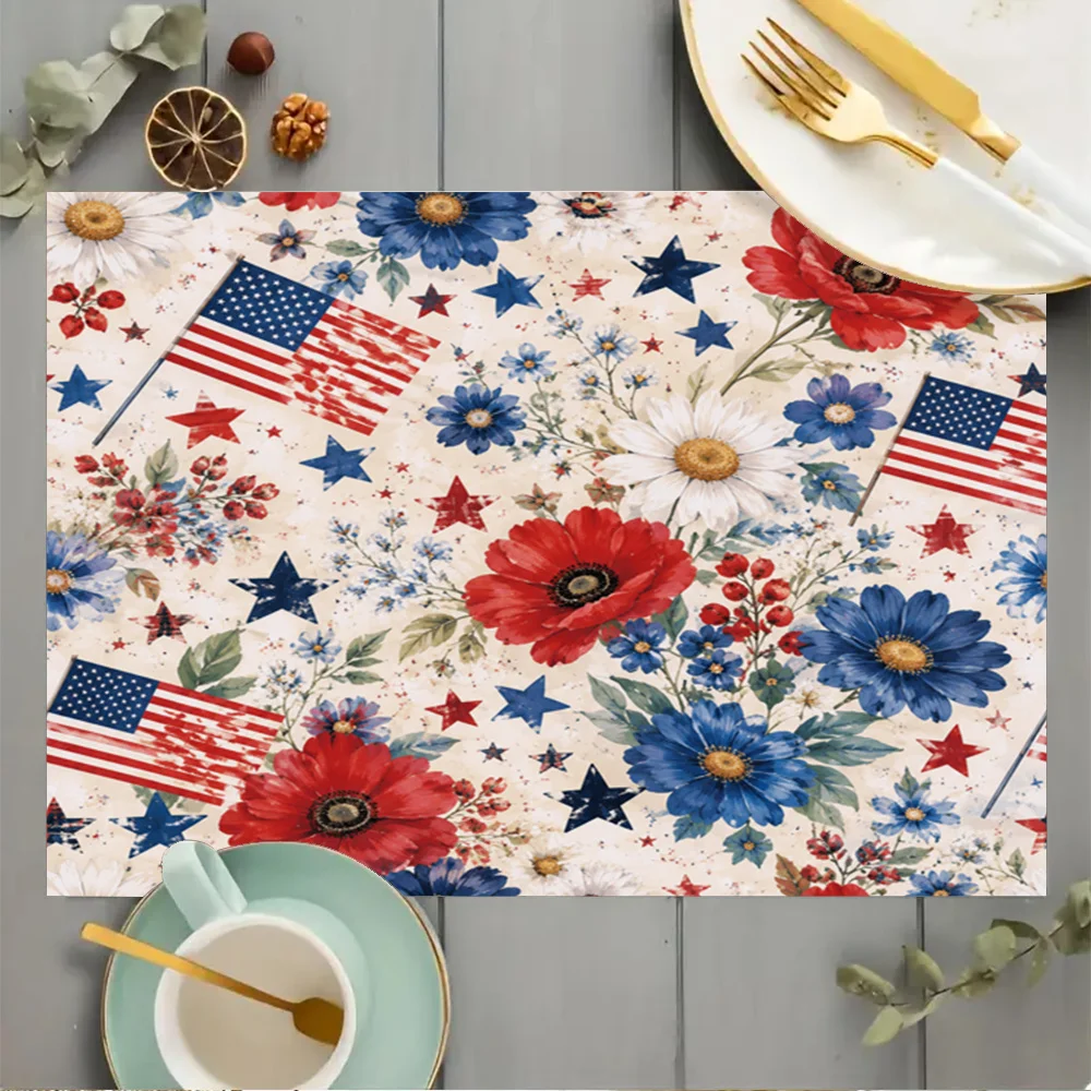 Elegant Stylish American Flag Floral Independence Day Table Pad, Machine Washable Placemat for Dining, Tea Table and Home Decor
