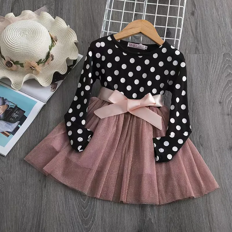 Little maven 2024 Autumn Girls Party Dresses New Children Mesh Princess Long Sleeve Dresses for Kids Clothes