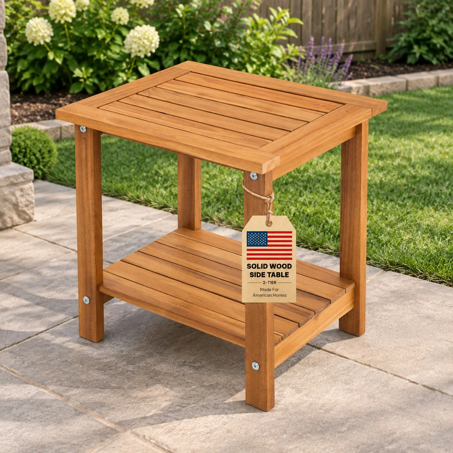 Acacia Wood Adirondack Side Table, 2-Tier Outdoor End - Honey Oak